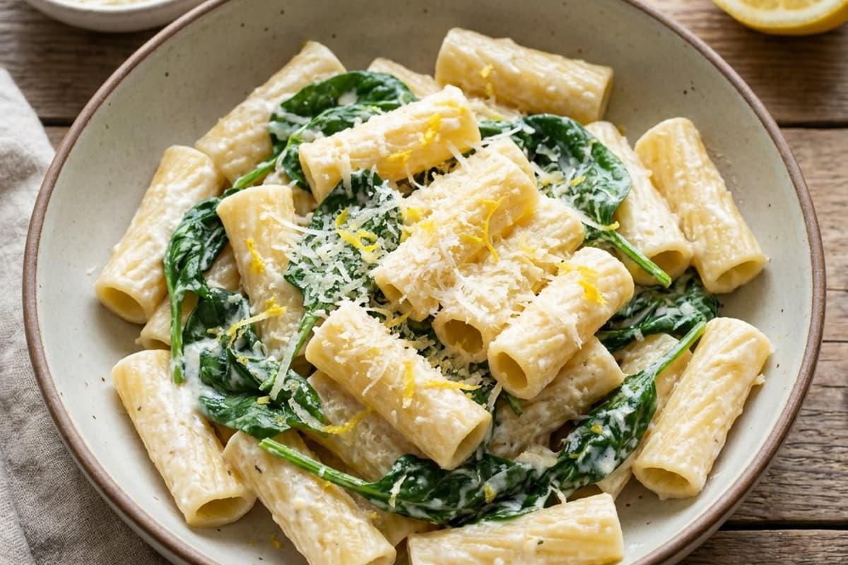 Rigatoni cu ricotta, spanac și lămâie | Cină rapidă
