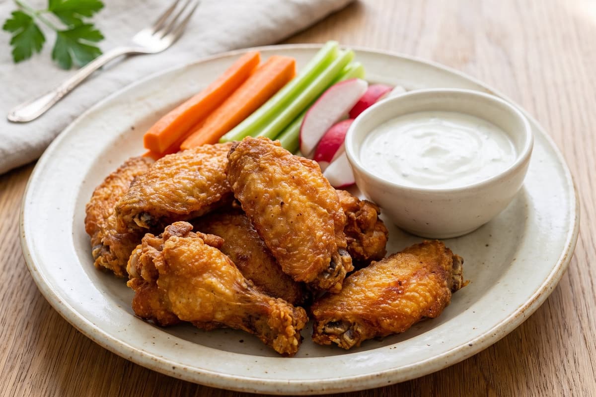 Fried chicken wings with crudités and sour cream