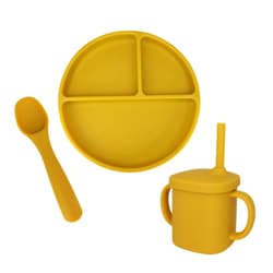 Coccorito Set diversificare din silicon, farfurie rotunda cu lingurita si cana, galben