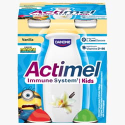 Vanilla flavoured Actimel. Fermented product on yogurt base/Yogurt drink with L.casei Danone and vitamins B6 and D.
Fat content: 1,5 % (m/m)
