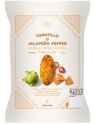 Marks & Spencer Tortilla chips cu porumb, cartof dulce, tomatillo si ardei Jalapeño