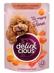 Delickcious Stripsuri cu somon si morcov in supa crema pentru caini