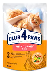 CLUB 4 PAWS Premium "With turkey in jelly". Сomplete canned pet food for adult cats