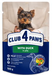 CLUB 4 PAWS Premium “With duck in jelly”. Complete canned pet food for puppies of miniature and small breeds