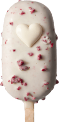 Rawmantic, Inghetata vegana cu aroma de vanilie, jeleu de zmeura, invelita in ciocolata alba vegana