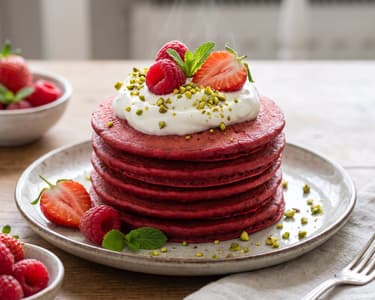 Red Velvet Pancakes with Whipped Cream and Pistachios