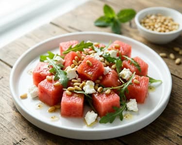 Salată de pepene roșu cu brânză feta și muguri de pin