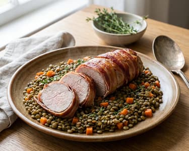Mușchiuleț de porc cu pancetta și linte verde