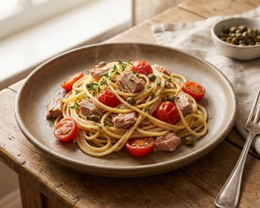 Spaghetti with tuna and cherry tomatoes