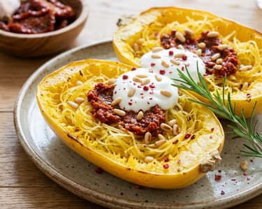 Spaghetti Squash with Crème Fraîche and Sun-Dried Tomato Pesto