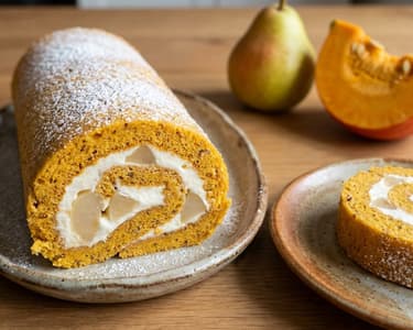 Pumpkin roll with light cream and pears