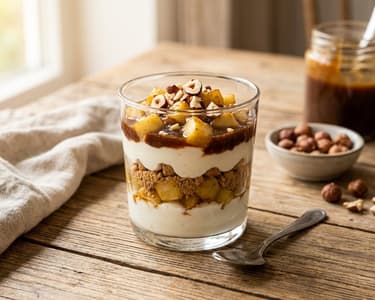 Dessert in a glass with cottage cheese, baked apples, and date caramel