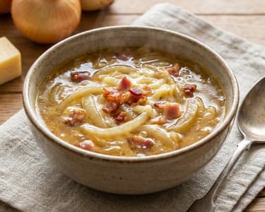 Supă de ceapă cu bacon și brânză Edam