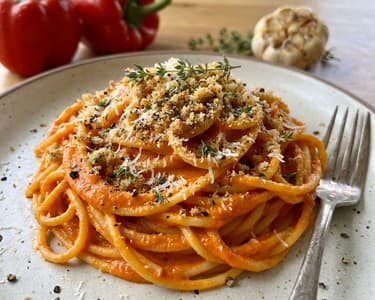 Spaghetti with roasted pepper sauce and aromatic breadcrumbs