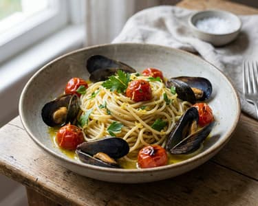 Spaghetti with mussels and cherry tomatoes
