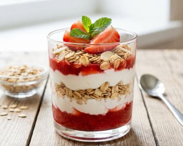 Parfait de fructe cu căpșuni și brânză de vaci
