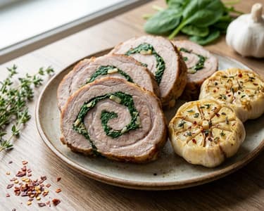 Ruladă de porc cu spanac și usturoi copt