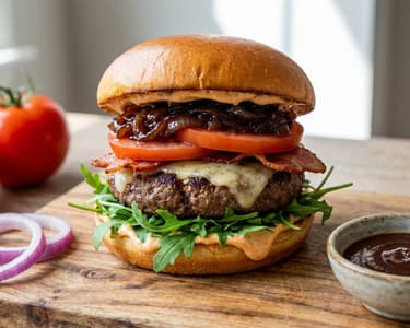 Burger la grătar cu ceapă caramelizată și maioneză afumată