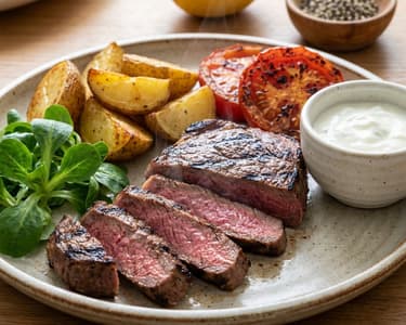 Rump steak la grătar cu cartofi copți și dip de iaurt