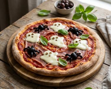 Pizza de Halloween cu fantome și păianjeni