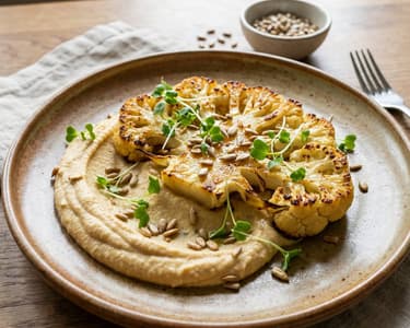 Steak de conopidă cu cremă de năut și hummus