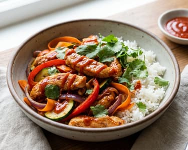 Fâșii de curcan picante cu sos sriracha și legume