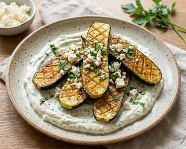 Caramelized zucchini with feta and herb dip