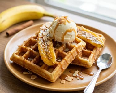 Vafle cu banane caramelizate și înghețată