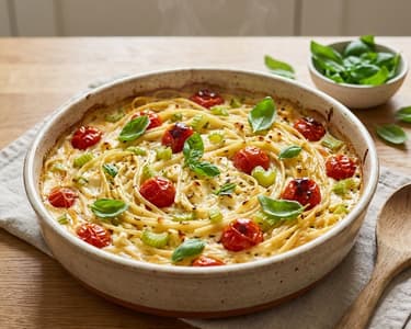 Spaghete cu sos de brânză feta și roșii cherry la cuptor