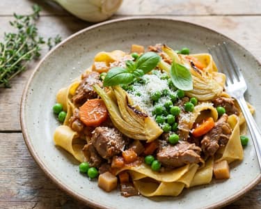 Pappardelle cu ragu de iepure, mazăre și fenicul