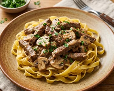 Vită Stroganoff cu ciuperci și tagliatelle