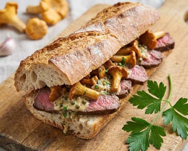Sandviș cu friptură Rib Eye și gălbiori