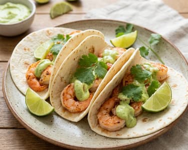 Tacos cu creveți și sos cremos de avocado