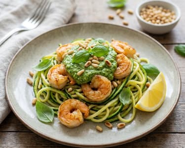 Tăiței din dovlecel cu creveți și pesto de avocado
