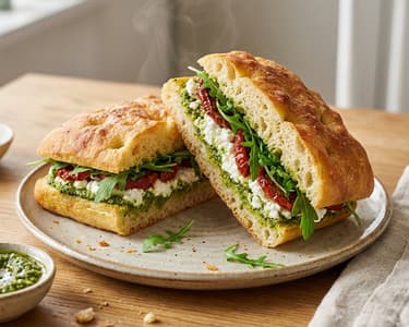 Focaccia with pesto, cottage cheese and tomatoes | Quick dinner