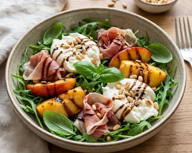 Summer salad with nectarines, prosciutto and burrata