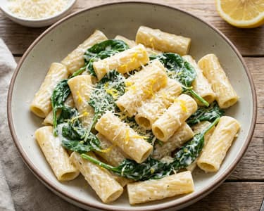 Rigatoni cu ricotta, spanac și lămâie | Cină rapidă