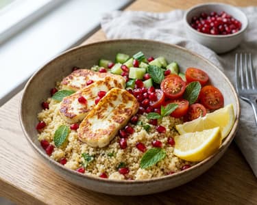 Mediterranean couscous bowl with halloumi and pomegranate