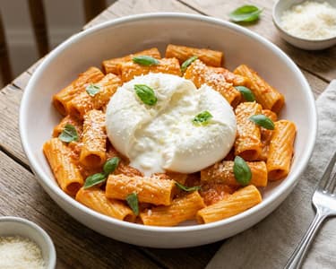 Rigatoni cu sos de ardei copt și burrata | Cină rapidă