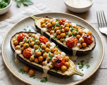 Eggplant boats stuffed with crispy chickpeas and tahini | Summer vegetarian dinner