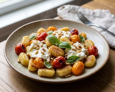 Gnocchi la tigaie cu roșii cherry și burrata | Cină rapidă