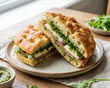 Focaccia cu mortadella, burrata și pesto de fistic