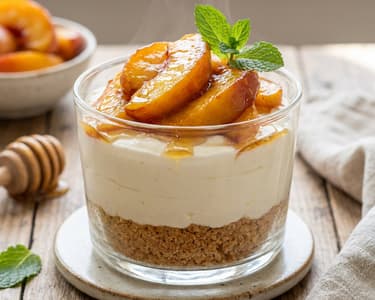 Cheesecake in a glass with caramelized peaches | Quick dessert