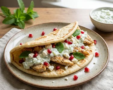 Lipie grecească cu pui, tzatziki și rodie | Street Food