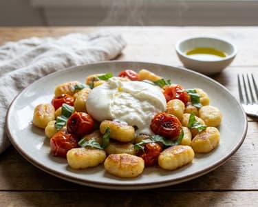 Gnocchi crocanți la tigaie cu roșii cherry și burrata | Cină rapidă