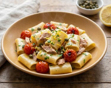 Paccheri cu ton, roșii cherry și lămâie | Cină rapidă mediteraneană