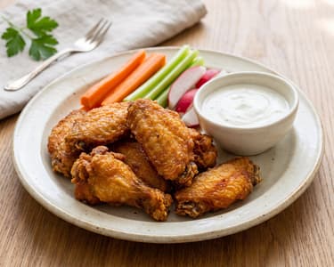 Fried chicken wings with crudités and sour cream