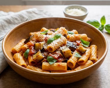 Rigatoni alla Norma cu vinete și busuioc