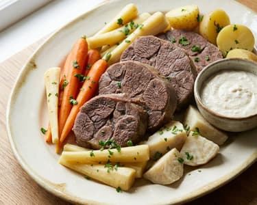Rasol de vită cu legume | Servit cu sos cremos de hrean