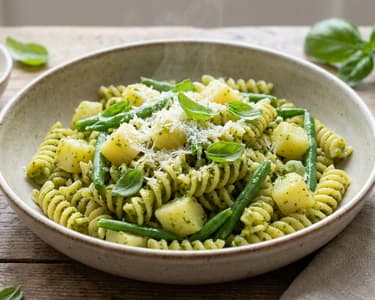 Fusilli alla Genovese cu cartofi și fasole verde